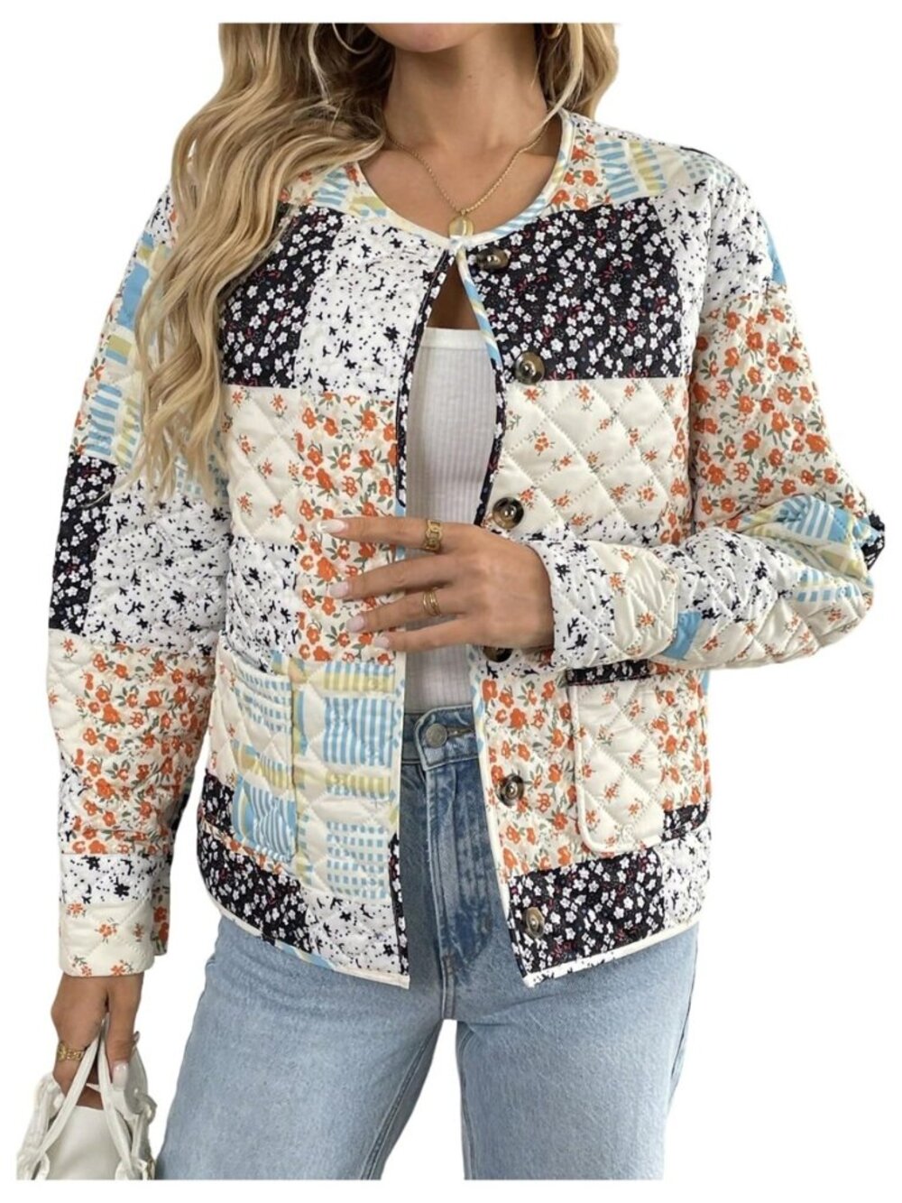 Women's Patchwork Jacket Quilted Floral Button Down Long Sleeve Going Out